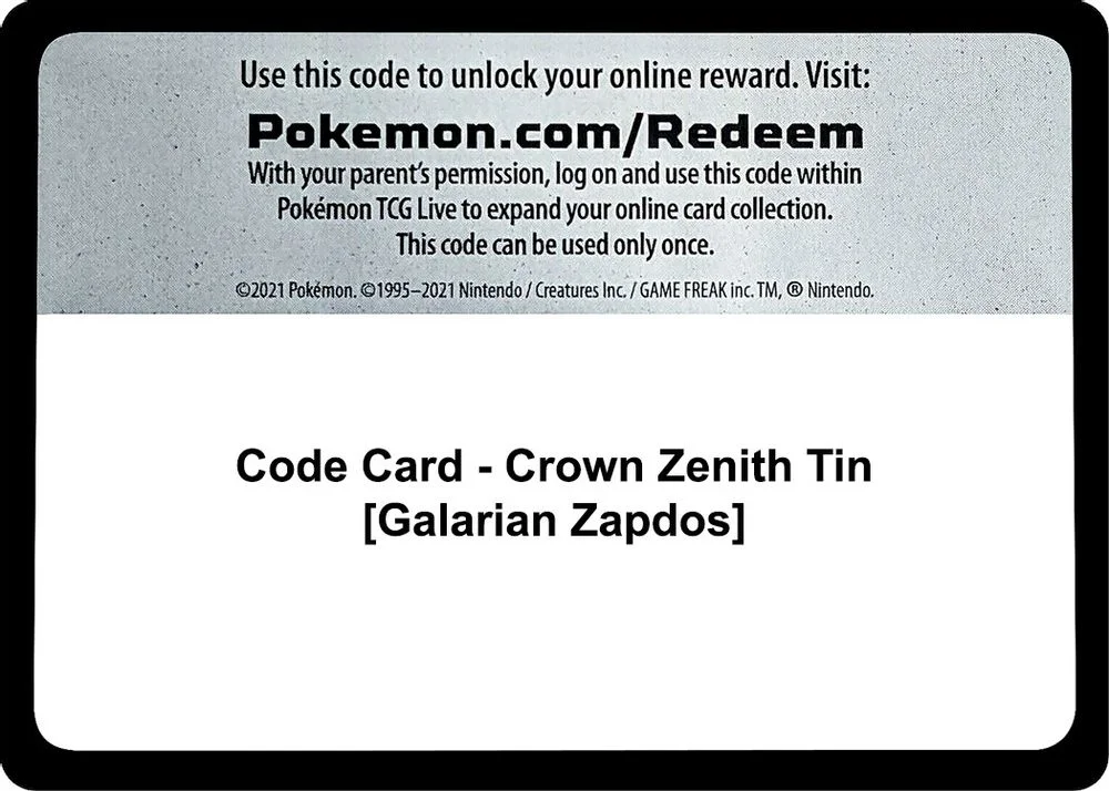Code Card - Crown Zenith Tin [Galarian Zapdos]