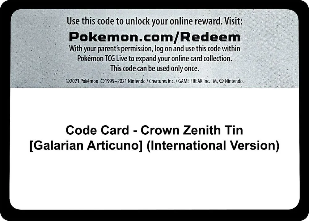 Code Card - Crown Zenith Tin [Galarian Articuno] (International Version)