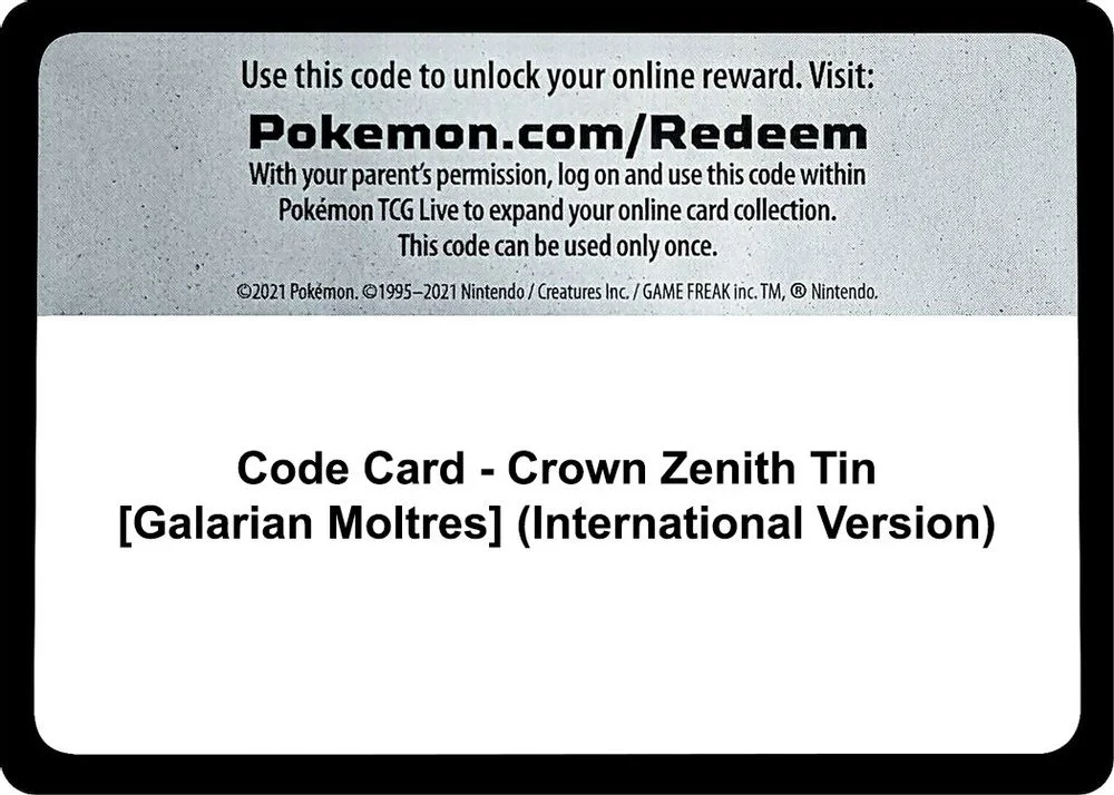 Code Card - Crown Zenith Tin [Galarian Moltres] (International Version)