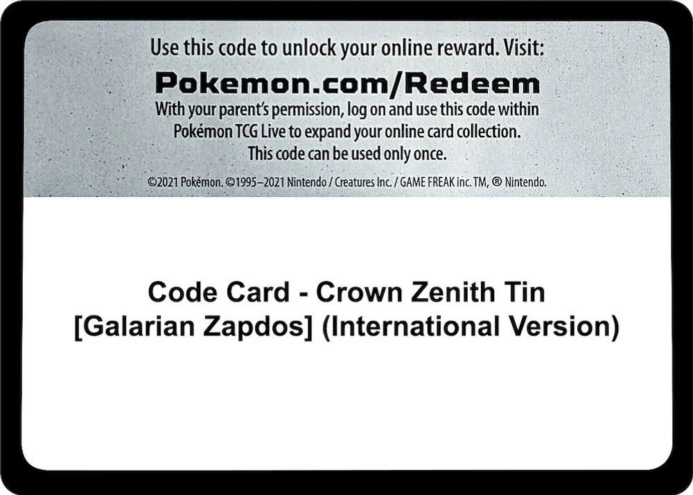 Code Card - Crown Zenith Tin [Galarian Zapdos] (International Version)